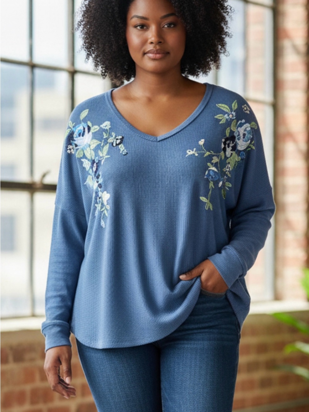 Woman Within Blue Floral Embroidered V-Neck Waffle Top